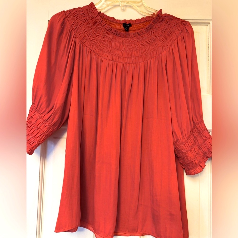 ANN TAYLOR Rust Orange Blouse with Gathered Neckline and Sleeves